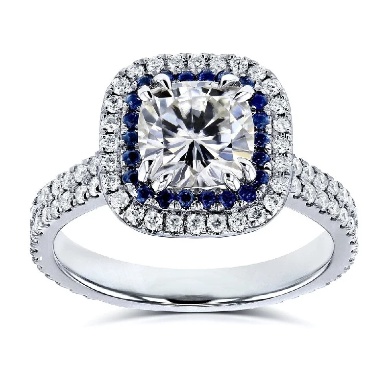 Annello by Kobelli 14k White Gold 2ct TGW Moissanite, Diamond, Sapphire Cushion Double Halo Engagement Ring