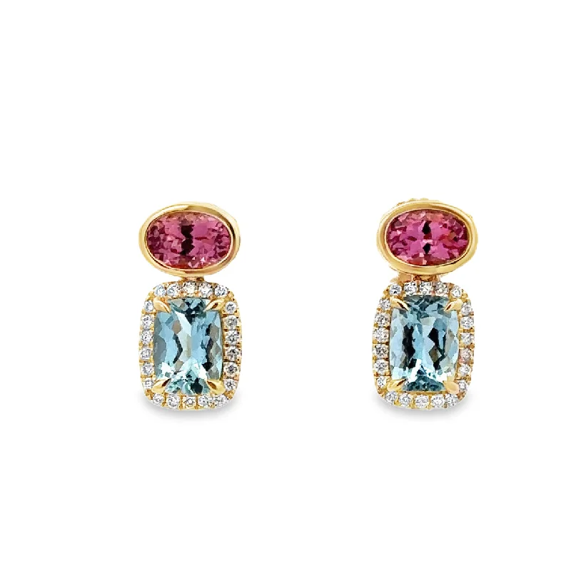 Aquamarine, Pink Tourmaline, and Diamond Earrings in Yellow Gold