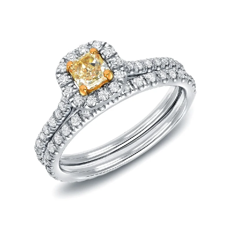 Auriya 14k Gold 1 carat TW Cushion-cut Halo Yellow Diamond Engagement Ring Set