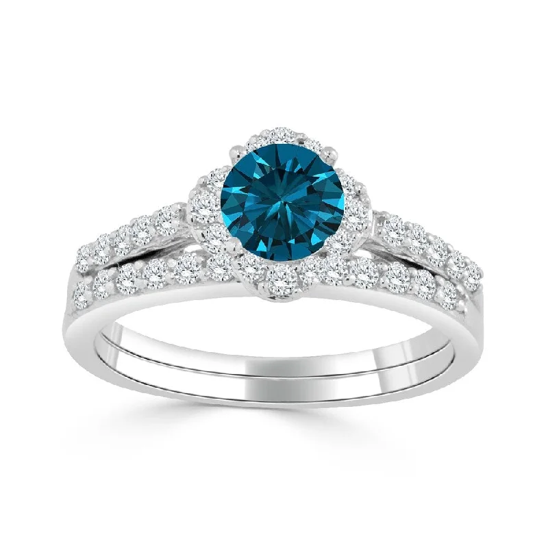 Auriya 14k Gold 1ctw Round Blue Halo Diamond Engagement Ring Set