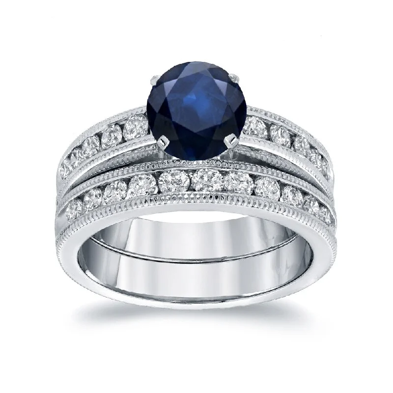 Auriya 14k Gold Vintage 1ct Blue Sapphire and 1ctw Diamond Engagement Ring Set