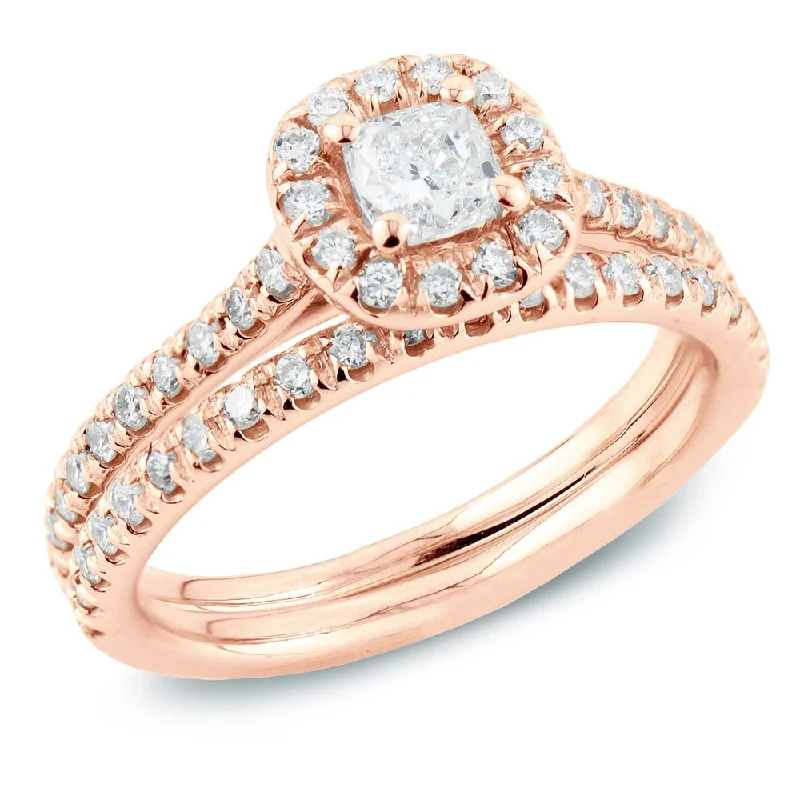 Auriya 14k Rose Gold 1 carat TW Cushion-cut Halo Diamond Engagement Ring Set