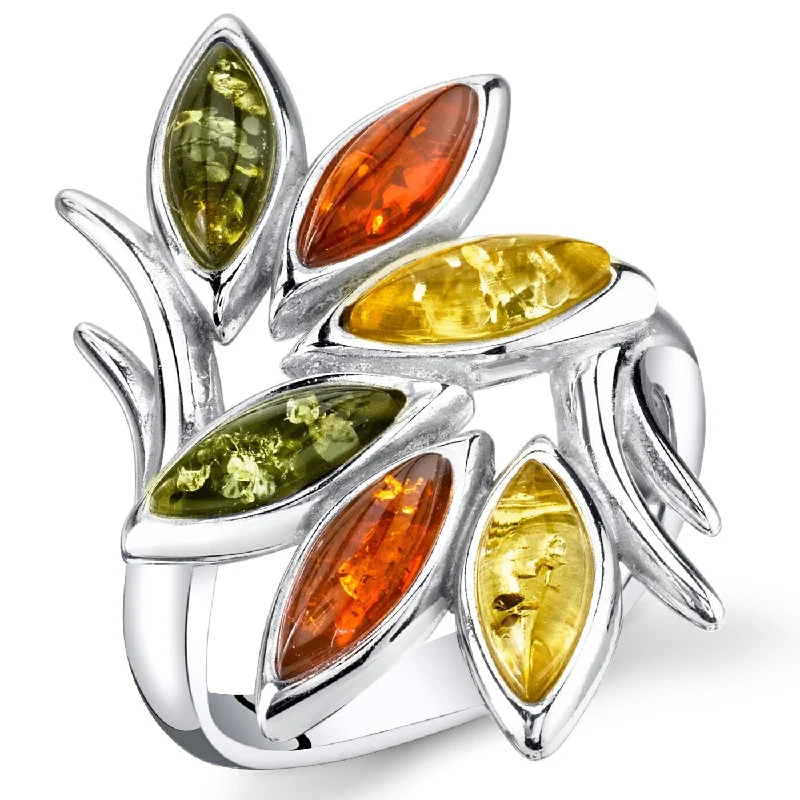 Branch and Leaf Design Amber Ring in Sterling Silver