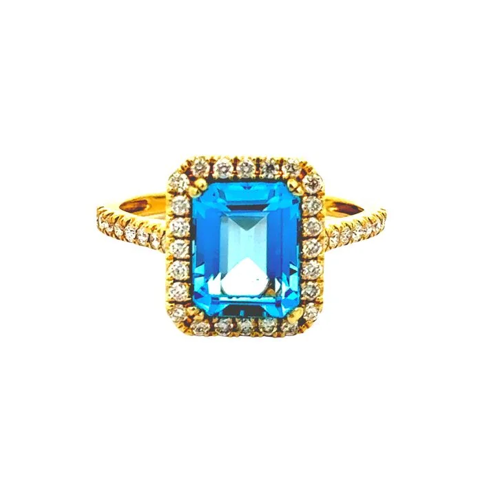 Mountz Collection Blue Topaz Ring with Diamond Halo in 14K Yellow Gold