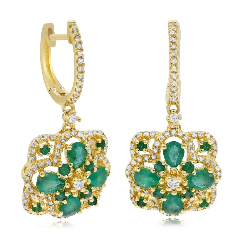 0.50ct Diamond and 1.37ct Emerald Earrings set in 14KT Yellow Gold / EJ892