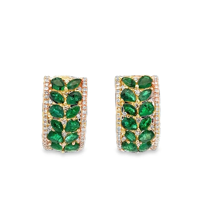 Emerald and Diamond Foliate Style Earrings in Yellow Gold