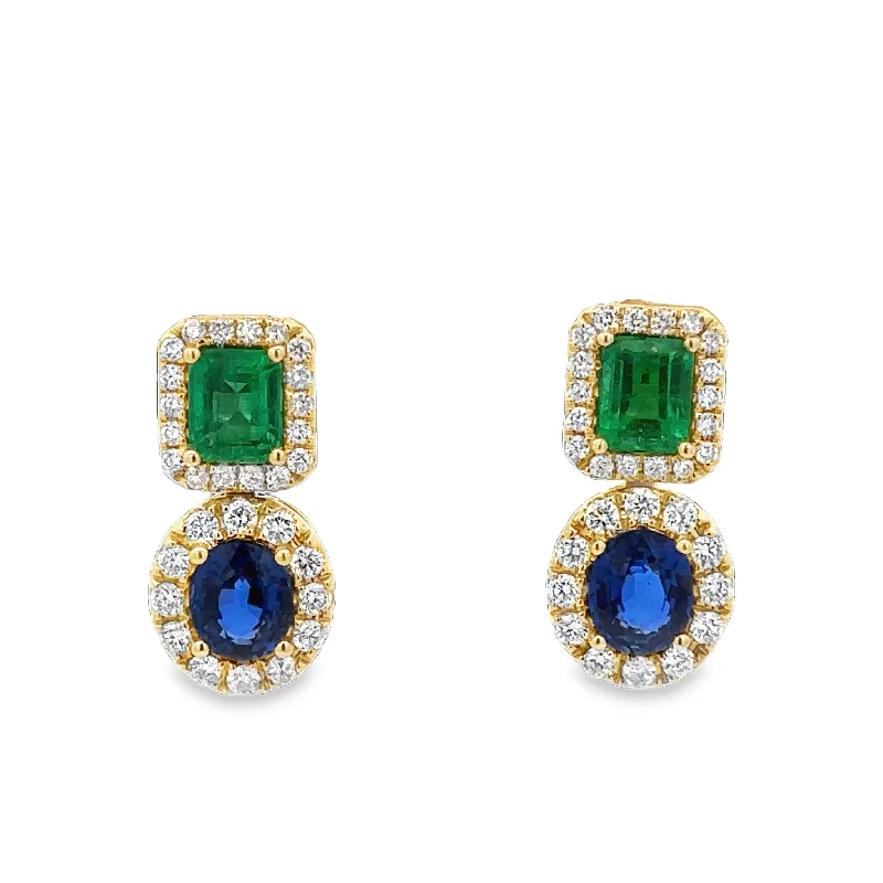 Emerald, Sapphire, and Diamond Earrings in Yellow Gold