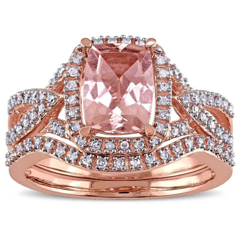 Halo Crossover Morganite 1/4ct TDW Diamond 10k Rose Gold Bridal Set by Miadora