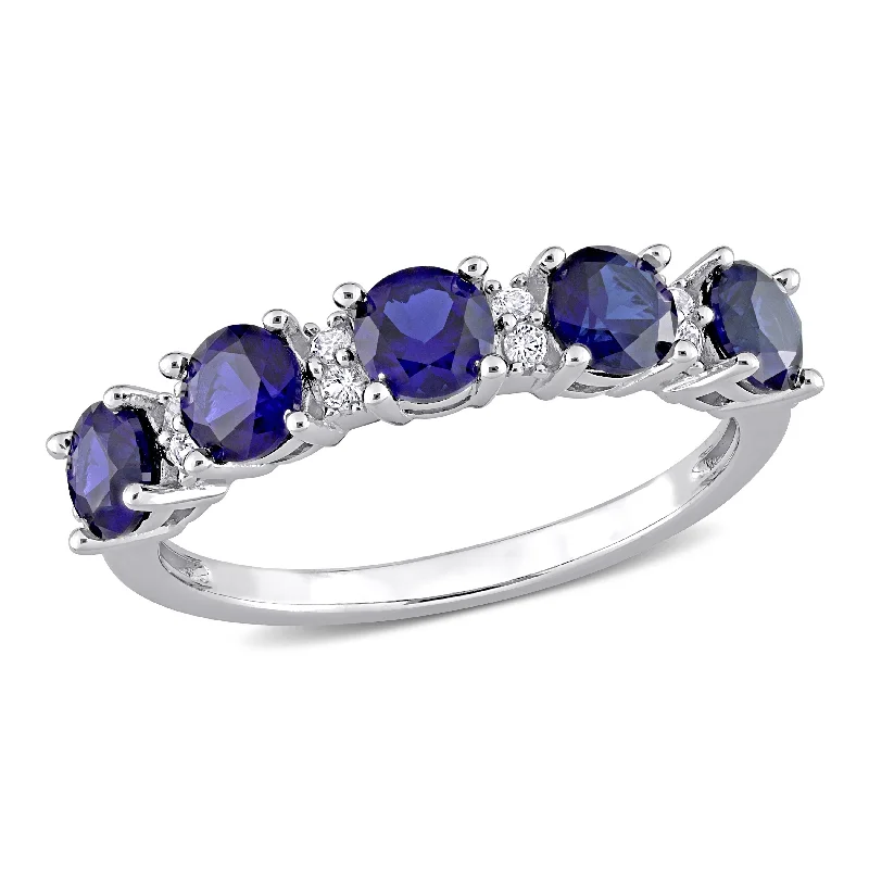 Miadora 1 5/8ct TGW Created Blue Sapphire and Created White Sapphire Semi Eternity Ring in Sterling Silver