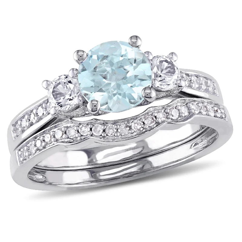 Miadora 10k White Gold Aquamarine Created White Sapphire 1/7ct TDW Diamond 3-stone Bridal Ring Set