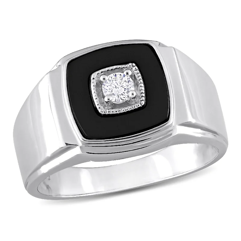 Miadora 2 1/3 CT TGW Square Black Onyx and 1/6 CT TW Diamond Mens Ring in Sterling Silver