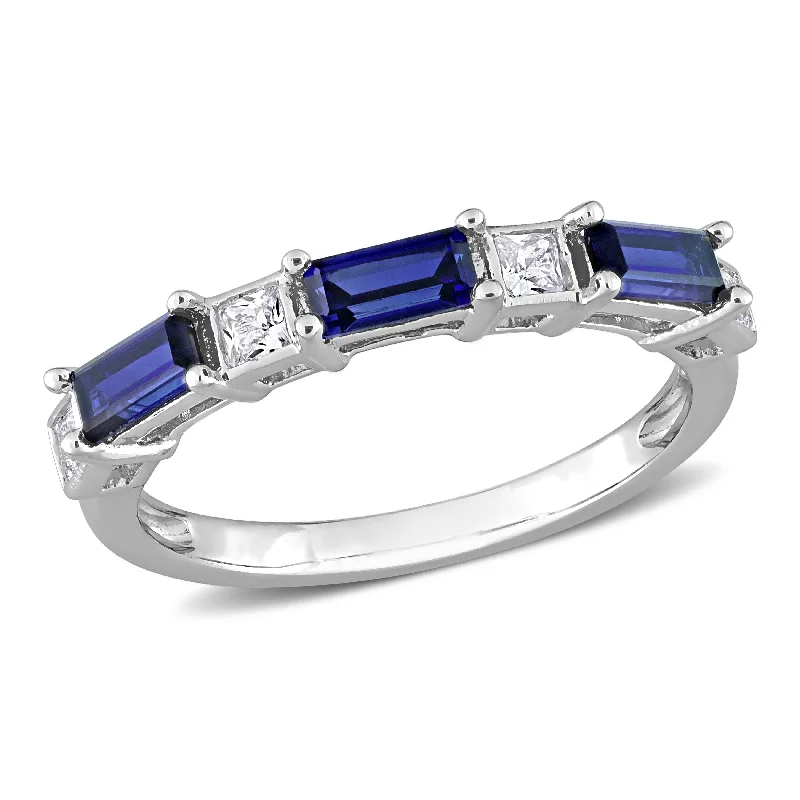 Miadora Baguette & Square Created Blue & White Sapphire Stackable Eternity Band in Sterling Silver