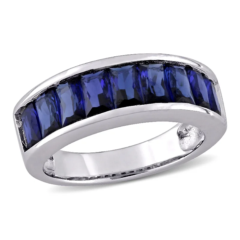 Miadora Sterling Silver Baguette-cut Created Blue Sapphire Semi-Eternity Anniversary Band Ring