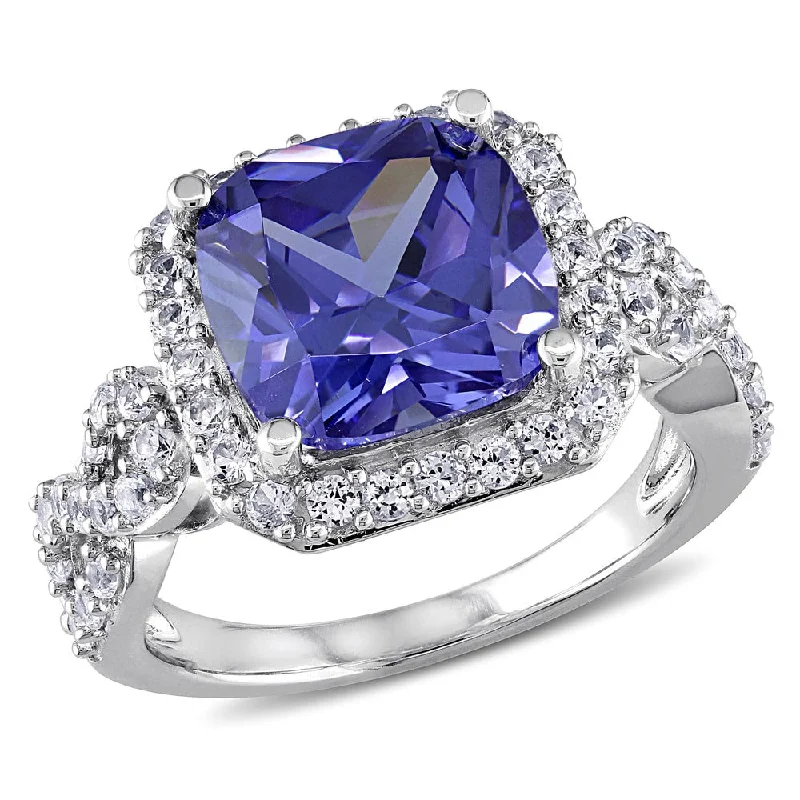 Miadora Sterling Silver Created White Sapphire and Tanzanite Cocktail Ring