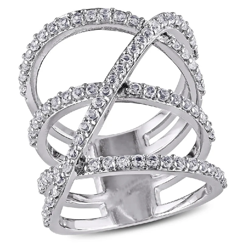 Miadora Sterling Silver White Topaz Crossover Ring