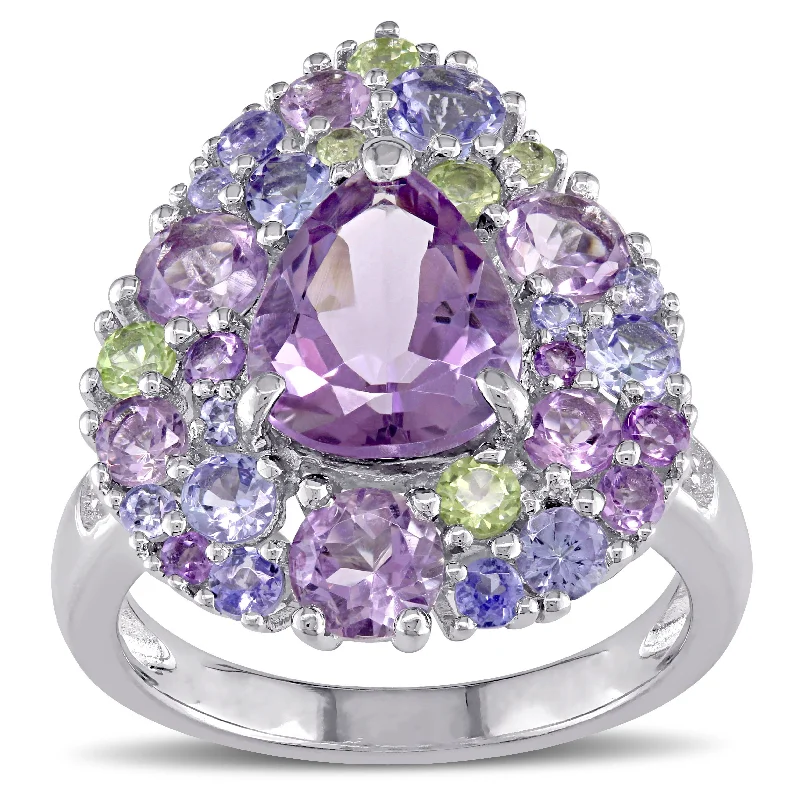 Miadora Tanzanite Rose de France Peridot Amethyst and Diamond Accent Pear-Cut Cluster Cocktail Ring