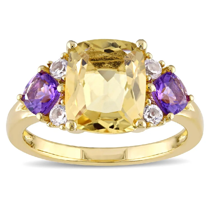 Miadora Yellow Plated Sterling Silver Cushion-cut Citrine African Amethyst and White Topaz Cocktail