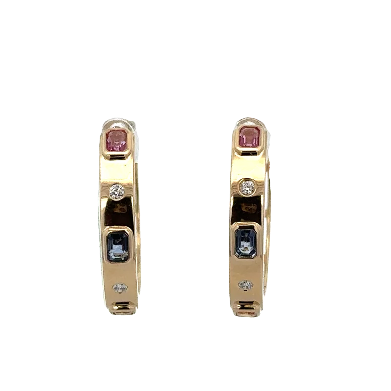 Multicolored Sapphire and Diamond Hoop Earrings in Yellow Gold