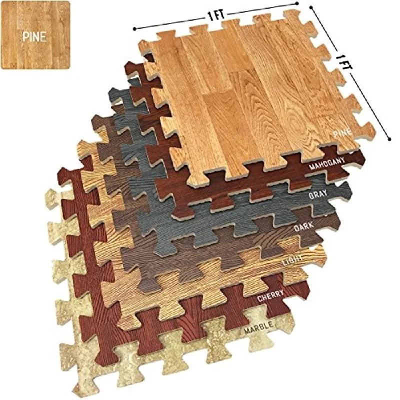 Sorbus Interlocking Floor Mat - Pine Wood Print, 16 Pieces-12x12