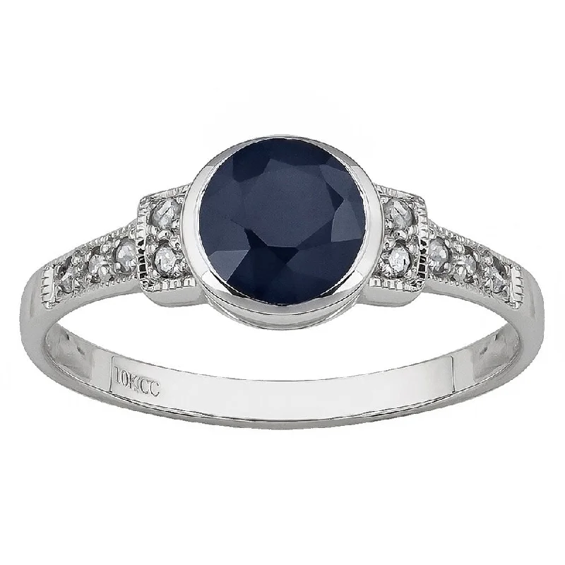 Viducci 10k White Gold Vintage Style Genuine Sapphire and Diamond Ring - Blue