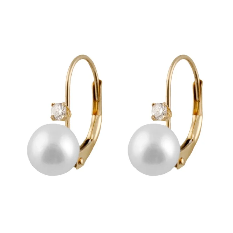 14k Gold Freshwater Pearl and 1/10ct TDW Diamond Leverback Earrings - White