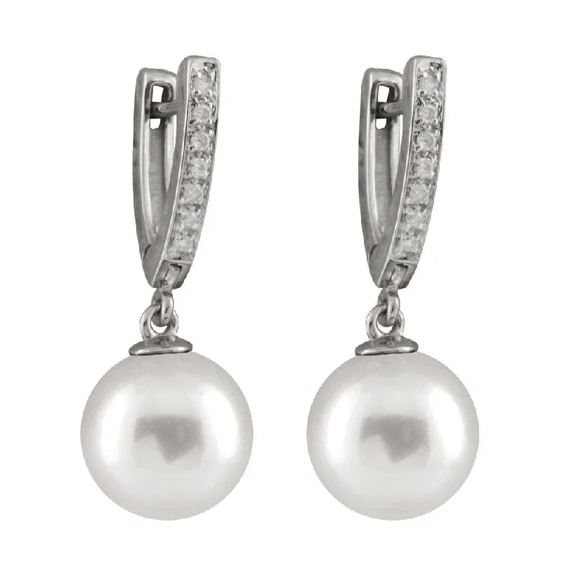 14k White Gold 1/10ct TDW Diamond and South Sea Pearl Hinged Post Earrings (10-11mm) - Yellow