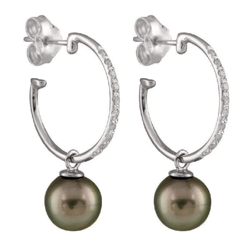 14k White Gold 1/6ct TDW Diamond and Tahitian Pearl Earrings (8-9mm)