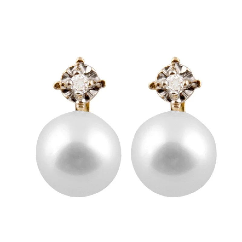 14k Yellow Gold Illusion Diamond and Pearl Earrings (7-8mm) - White