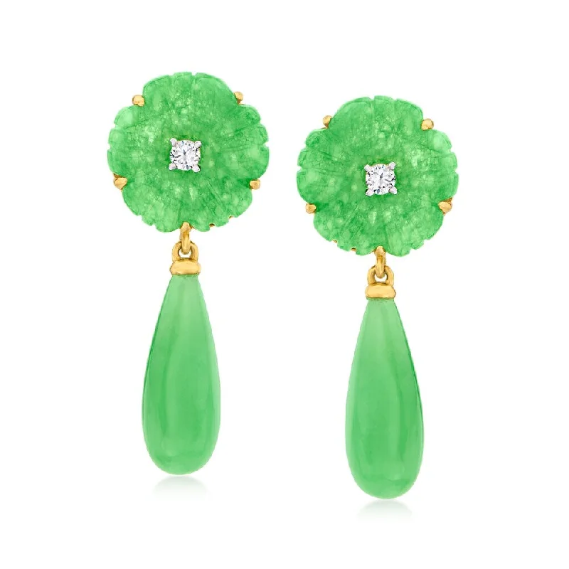 18k Yellow Over Sterling Silver Dyed Green Jade Gemstone Drop Earrings