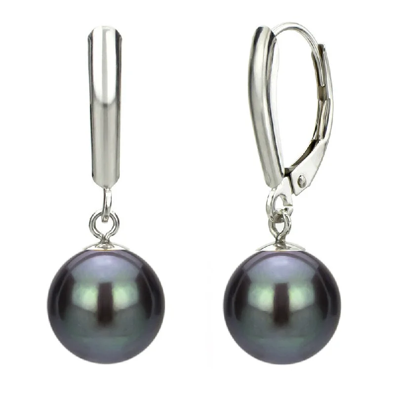 DaVonna 14k White Gold 9-10 mm Black Freshwater Pearl Dangle Earrings