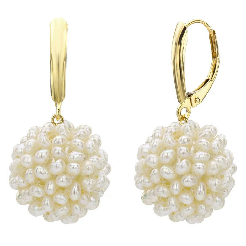 DaVonna 14k Yellow Gold 15-16mm Snowball Design White Freshwater Cultured Pearl Lever-back Earrings