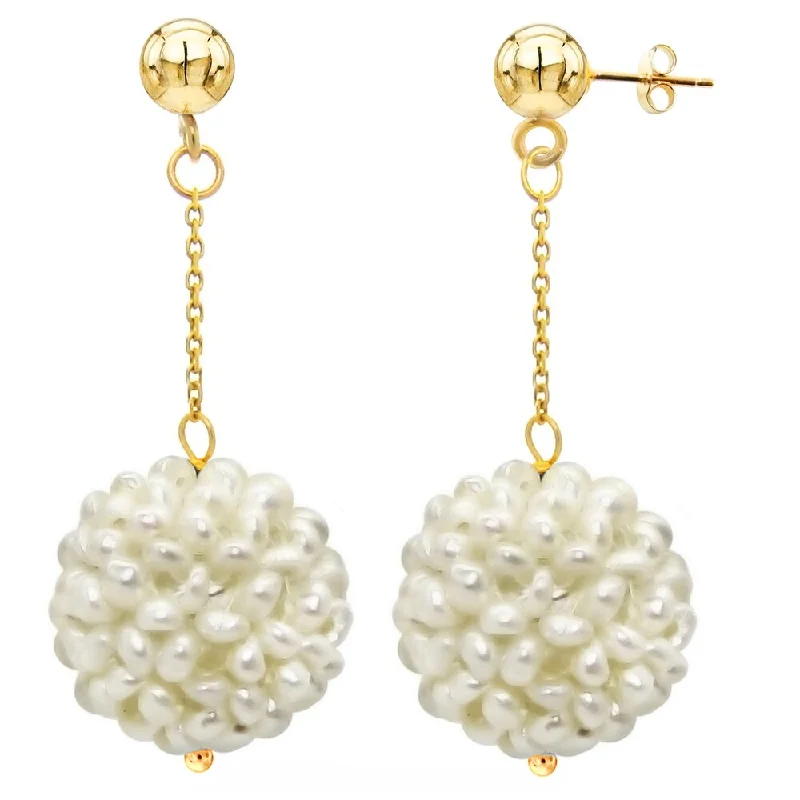 DaVonna 14k Yellow Gold White Freshwater Snow ball White Gold and Bead Dangle Earring (18-20 mm)