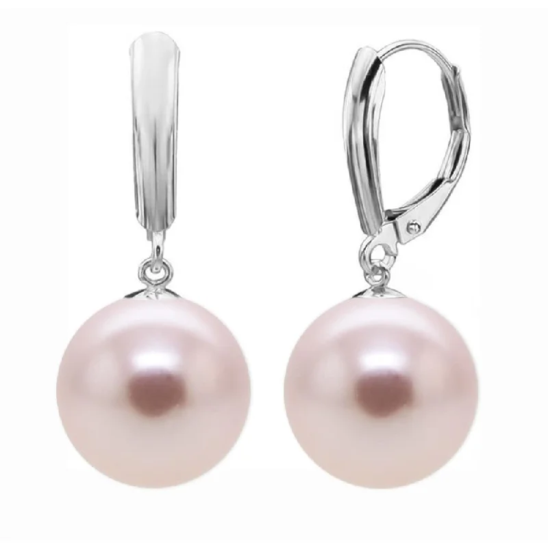 DaVonna Sterling Silver 12mm Pink Round Shell Pearl Lever-back Earrings