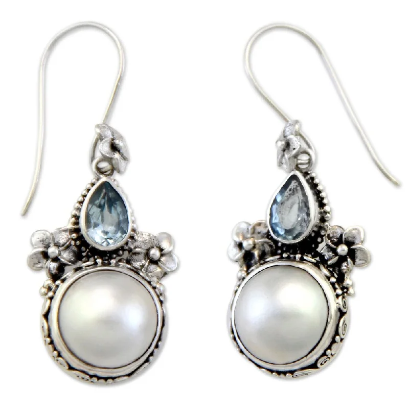 Handmade Silver 'Frangipani Trio' Pearl Topaz Earrings (13 mm) (Indonesia)