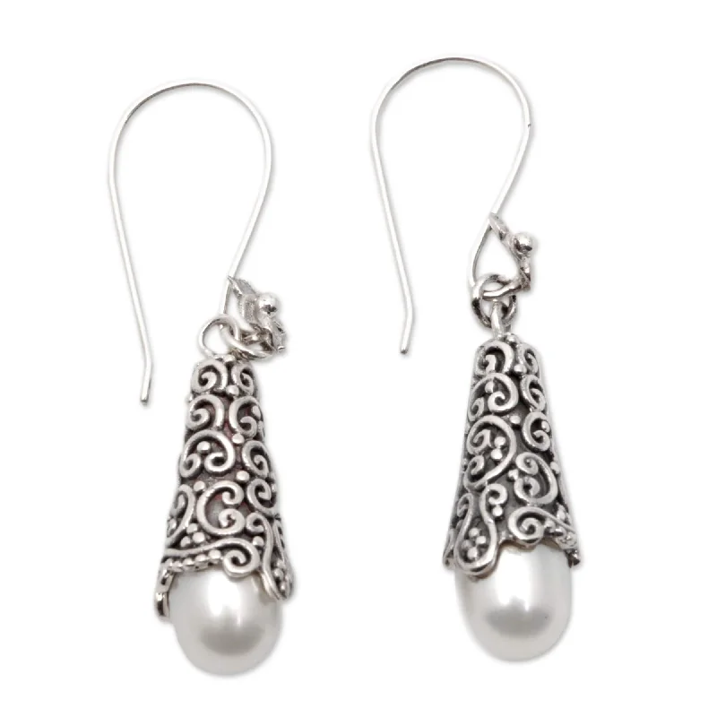 Handmade Silver 'White Arabesque Dewdrop' Pearl Earrings (8mm) (Indonesia)