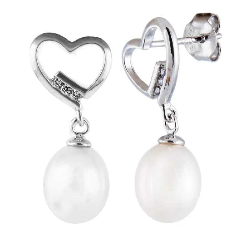 Heart shaped sterling silver earrings with cubic zirconia and dangling pearl - White