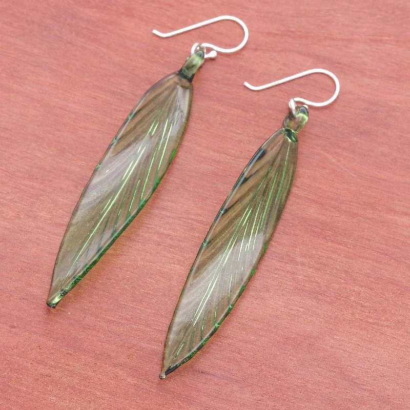 Novica Handmade Bamboo Leaf Handblown Glass Dangle Earrings