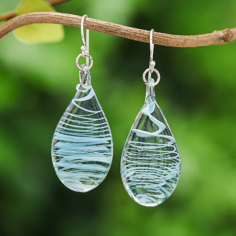 Novica Handmade Blue Ovate Leaf Handblown Glass Dangle Earrings