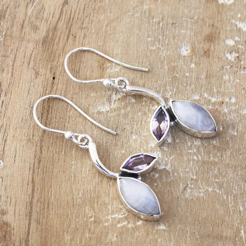 Novica Handmade Chic Leaf Rainbow Moonstone And Amethyst Dangle Earrings