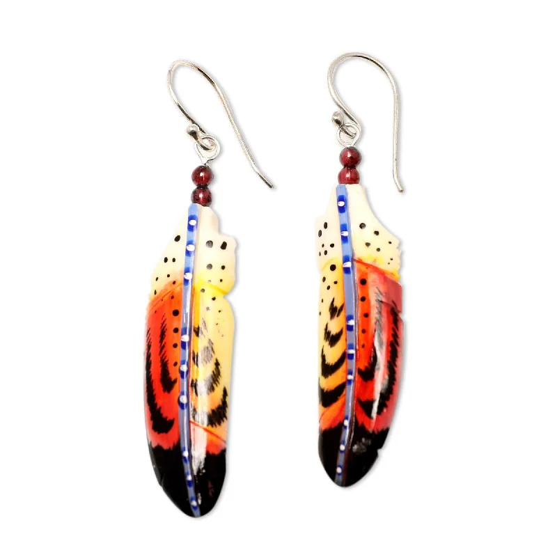 Novica Handmade Courage Feathers Garnet Beaded Dangle Earrings