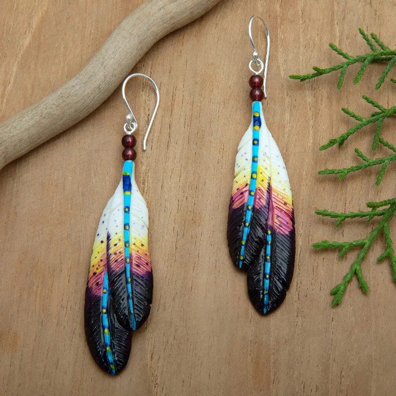 Novica Handmade Creativity Feathers Garnet Beaded Dangle Earrings