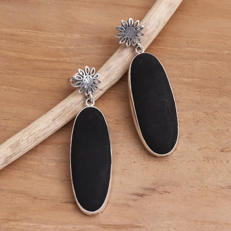 Novica Handmade Long Oval Shadow Sterling Silver And Black Lava Stone Dangle Earrings