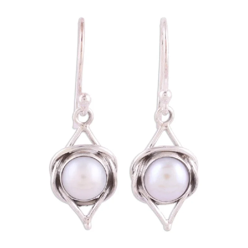 NOVICA Handmade Sterling Silver 'Intricate Twirl' Cultured Pearl Earrings (9 mm) (India) - 1.2*0.4