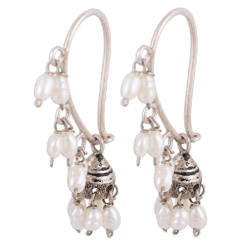 NOVICA Handmade Sterling Silver 'Pearl Melody' Cultured Pearl Earrings (3 mm) (India) - 1.4*0.2