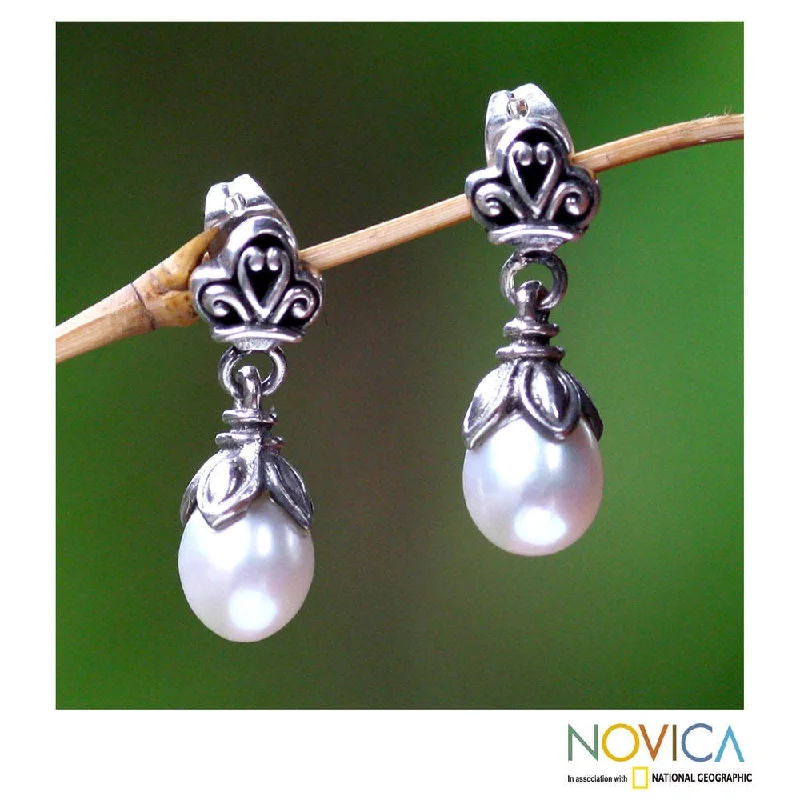 NOVICA Handmade Sterling Silver 'White Lotus Bud' Pearl Earrings (Indonesia)