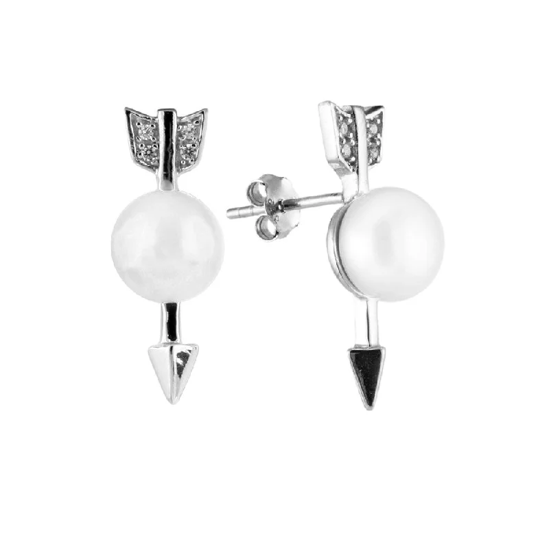 Sterling Silver Arrow Shaped Pearl Earrings - White