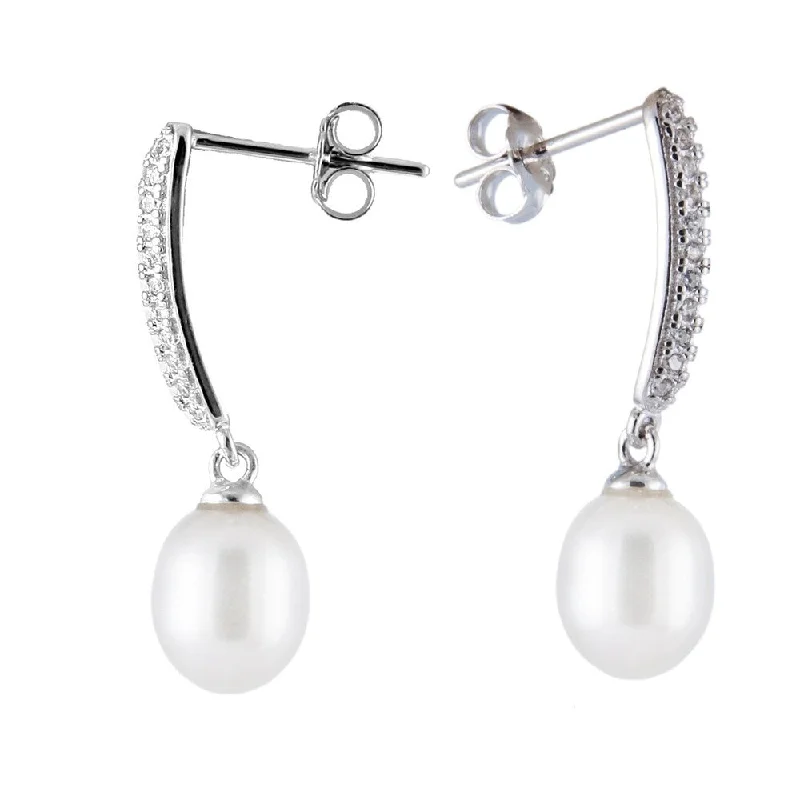 Sterling silver bar earrings with dangling pearl - White