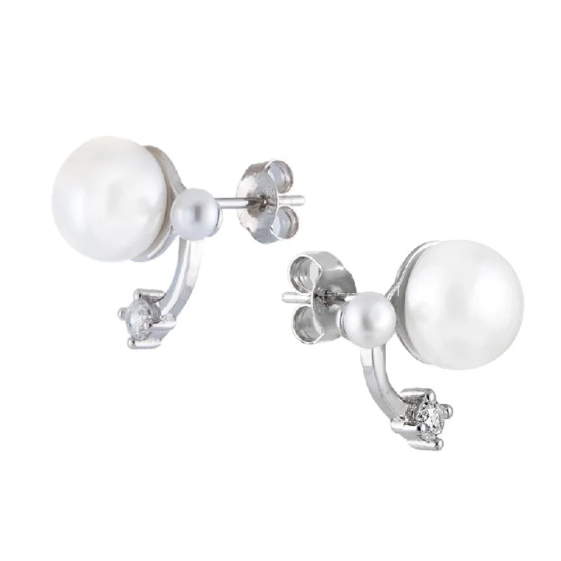 Sterling silver earrings with cubic zirconia and 2 different size pearls. - White