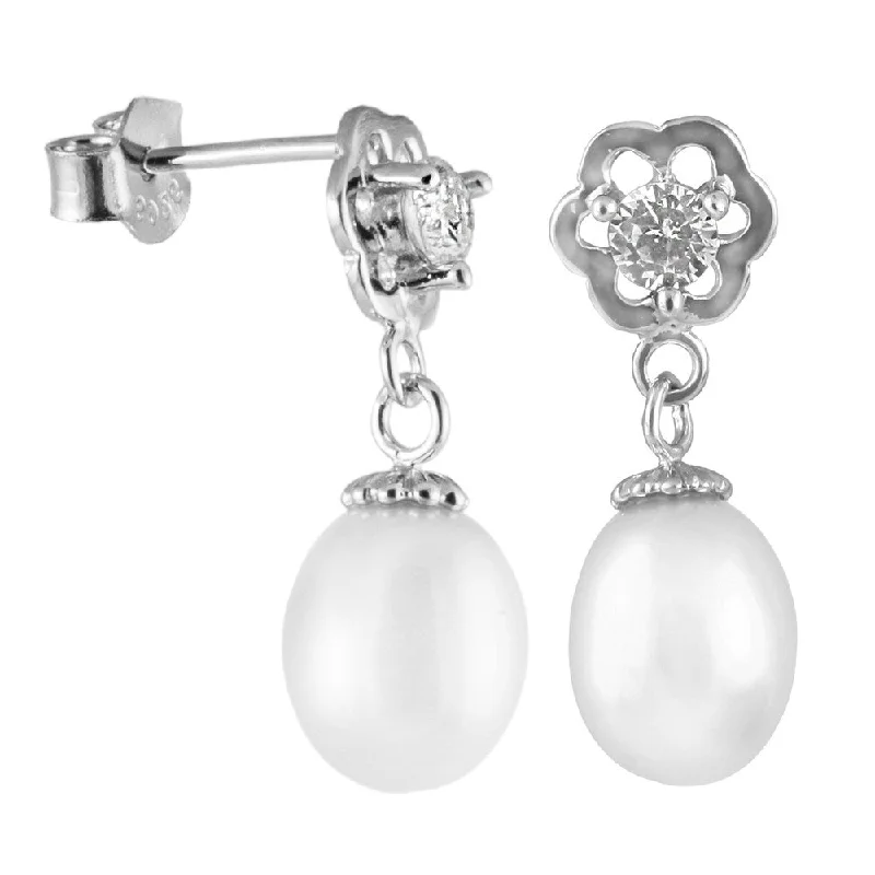 Sterling silver earrings with cubic zirconia and dangling rice shaped pearl - White