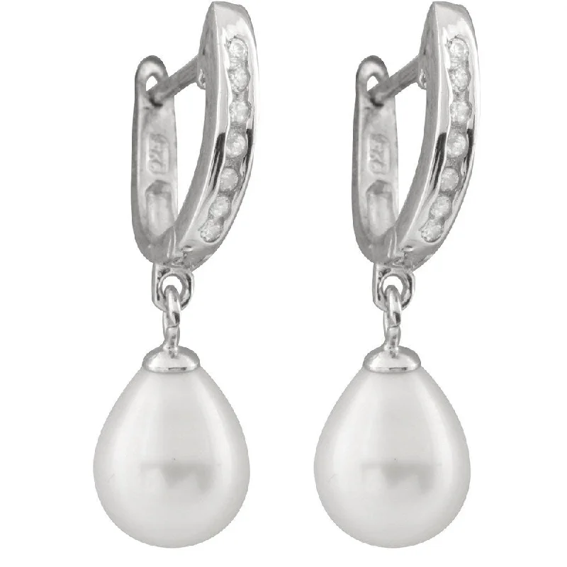 Sterling Silver Freshwater Pearl and Hinged Post Cubic Zirconia Leverback Earrings